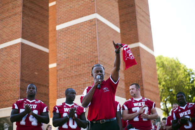 WKU's head football coach Willie Taggart tells assembled students at Guthrie Tower his plans to defeat Indiana University in Saturday's game -- the first home game of the 2010 season.