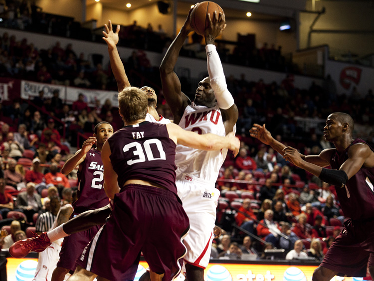 Senior forward Juan Pattillo snags a rebound away from Southern Illinois during a game at Diddle Arena. Head Coach Ken McDonald announced Friday that Pattillo has been dealing with personal issues and is questionable for the game against Murray State Saturday.