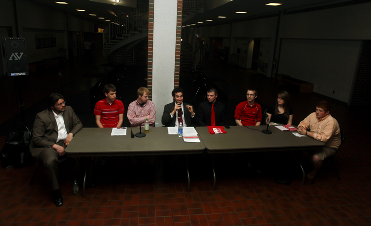 Presidential candidate Diego Leal Ambriz, fourth from left, speaks to an audience of about a dozen students during the Student Government Association debate in Downing University Center. All five candidates for executive positions participated in the debate.