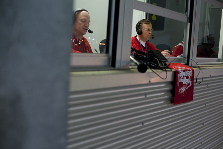 President Gary Ransdell, right, provides color commentary with Randy Lee on the radio in the press box at Bowling Green Ballpark, where WKU beat Louisville 15-5 on April 5. Ransdell and several other guests make appearances as analysts for WKU baseball games.