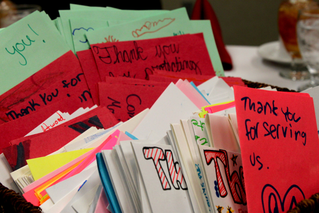 Letters from area children to Command Sgt. Maj. John Brownell
and his squadron lay on a table Tuesday at the Knicely Conference
Center. WKU has also collected care packages to send to the
soldiers serving in Afghanistan.

