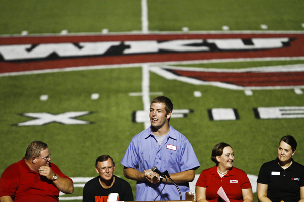 Junior tight end Jack Doyle speaks briefly Sunday evening at
Smith Stadium to M.A.S.T.E.R. Plan participants. Doyle, who was
recently named a football team captain, joined fellow captains
senior defensive lineman Jared Clendenin and sophomore punter
Hendrix Brakefield to address the incoming class. Jabin E.
Botsford/Herald
