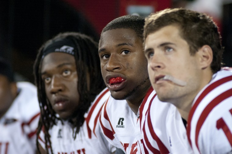 From left to right, Jamarcus Allen, Junior Defensive Lineman,
Xavius Boyd, Sophomore Linebacker, and Ryan Beard, Senior Defensive
Back look on dejectedly as WKU loses to Indiana State, 44-16.
