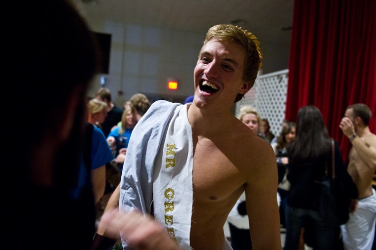 Senior Clay Simpson, a member of the FIJI fraternity, placed
first for the sisters of Sigma Kappa in the Mr. Greek God Pageant
at Garrett Ballroom on Tuesday. Simpson balanced razor blades and
knives on his chin as part of his competing act. The event was
hosted by Alpha Gamma Delta. 
