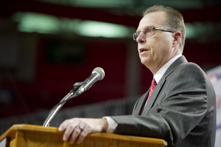 New mens basketball head coach Ray Harper speaks at a pep rally
to announce his hiring Monday in Diddle Arena.
