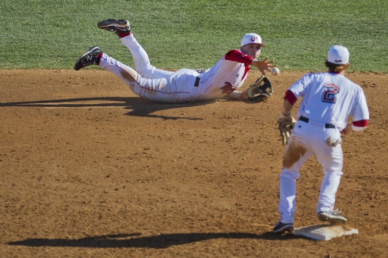 Junior shortstop Steve Hodgins tosses the ball to senior second baseman Ivan Hartle for a force out during the Toppers 8-3 loss to Southern Illinois on Sunday at Nick Denes Field.
