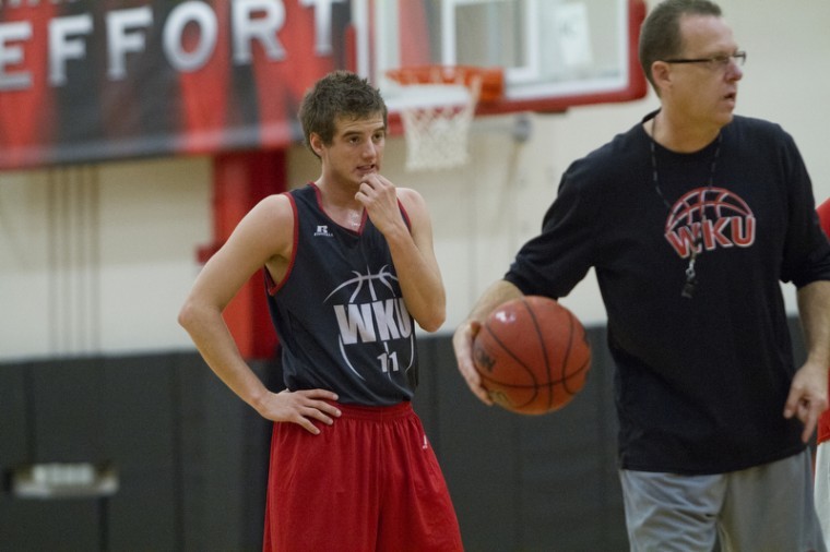Freshman guard Spence Sheldon, a walk-on on the mens basketball
team, listens to instructions from Interim Head Coach Ray Harper
during practice Feb. 14. The mens basketball teams record is 8-17
this season.
