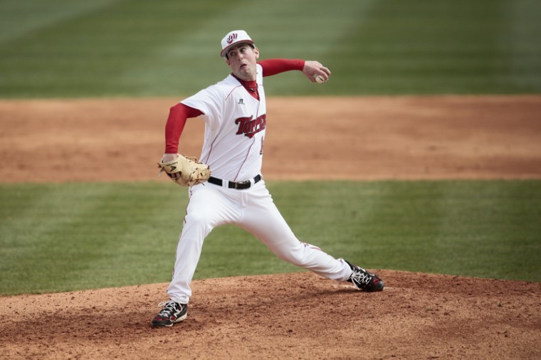 Junior starting pitcher Tim Bado pitches during WKU’s 11-1 loss to Western Illinois Sunday at Nick Denes Field.

