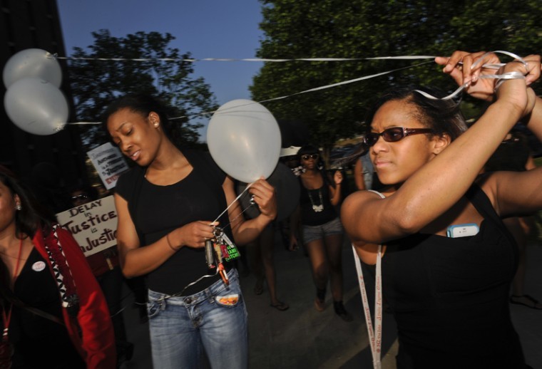Students participate in a march in honor of Trayvon Martin Sunday afternoon held by the Eta Zeta chapter of Delta Sigma Theta Sorority. The marchers started at Cherry Hall and walked to Pearce-Ford Tower.
