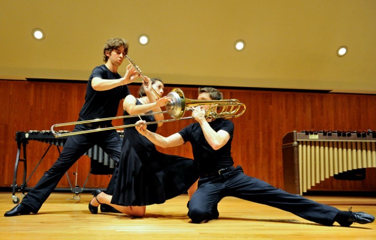 Hilary Abigana, flute, C. Neil Parsons, bass trombone, and Greg Jukes, percussion, of “The Fourth Wall,” performed in the fine arts center on Friday.
