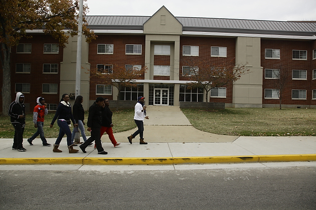 Darien Green, a WKU senior from Louisville, leads a group of WKU students to local polling places as a project for his political science class on Tuesday afternoon. I wanted to make it possible for students to vote no matter the circumstances and to create an awareness of voting, Green said.
