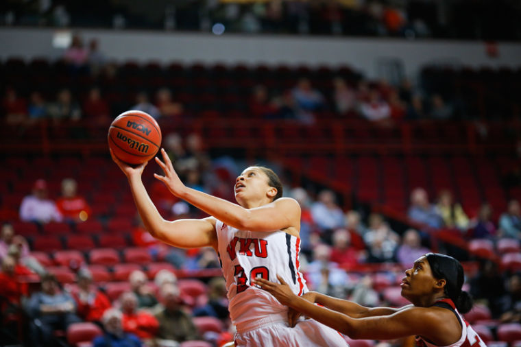 Sophomore forward Chastity Gooch makes a layup on a fast break against Troy in the first half at E.A. Diddle Arena on Wednesday Jan. 30, 2012
