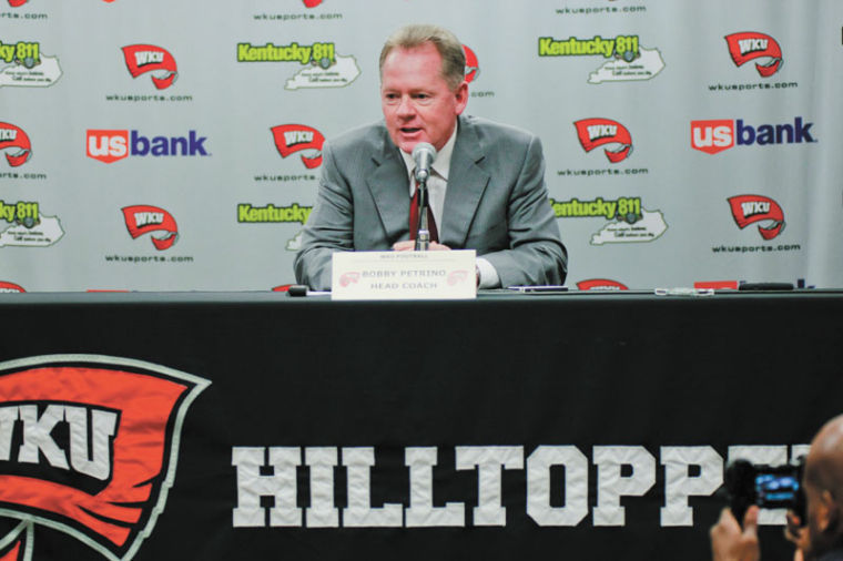 WKU+Football+Head+Coach+Bobby+Petrino+speaks+at+a+press+conference+in+the+media+room+of+Diddle+Arena+on+Wednesday.%0A