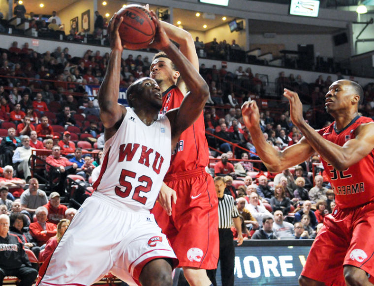 Sophomore guard T.J. price goes up for a shot against a South Alabama defender during Western Kentucky's February 28 game against South Alabama. The Hilltoppers won 79-73.
