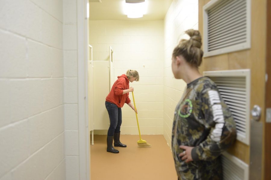 Bowling Green Sigma Kappa sophomore Sarah Hunton and Paducah Sigma Kappa freshman Shelby Schaefer clean the facilities at the Potters Childrens Home and Family Ministries during Philanthropy Day for Greek Week.
