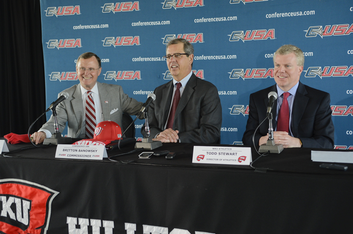 WKU+President+Dr.+Gary+Ransdell%2C+Conference-USA+Commissioner+Britton+Banowsky%2C+and+WKU+Athletic+Director+Todd+Stewart+announce+on+Monday+Western+Kentuckys+move+to+C-USA+in+2014.%0A