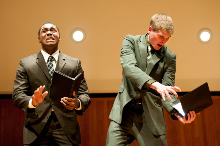 Blues Springs, Mo. sophomore Austin Groves and Valley Center, Kan. sophomore Ian Dowty perform a dual interpretation of 