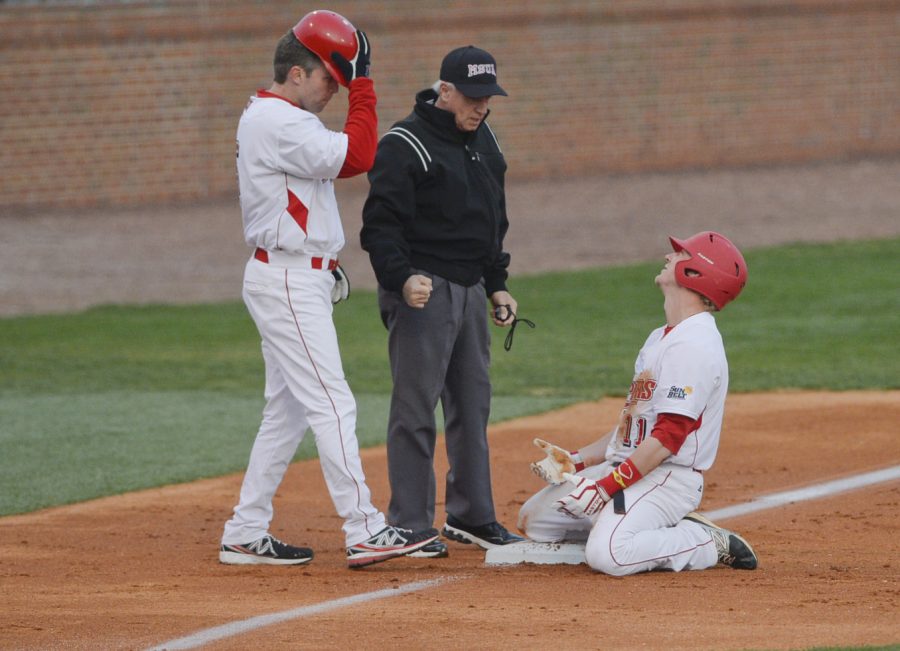 Junior infielder Scott Wilcox protests being called out at third base during WKUs game against Austin Peay on Wednesday.

