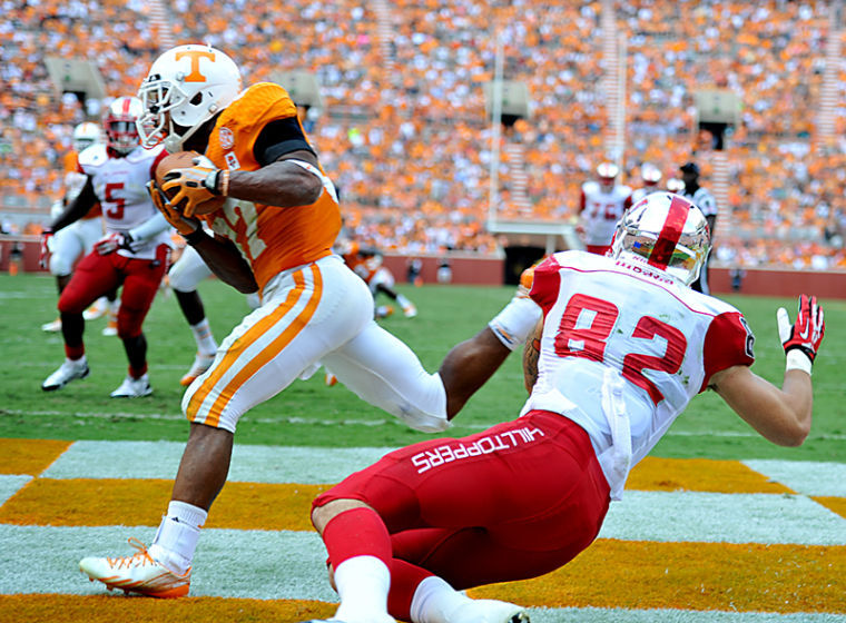 Tennessee sophomore Brain Randolph intercepts a pass in the end zone in the 4th quarter during Saturdays 52-20 loss to Tennessee at Neyland Stadium.