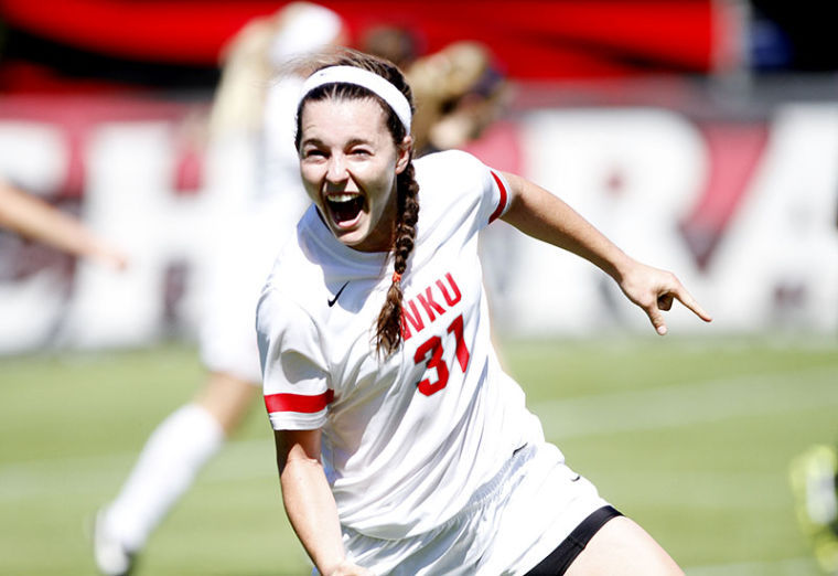 Sophomore+midfielder+Chandler+Clark+celebrates+after+scoring+her+teams+first+goal+in+the+first+half+of+WKUs+game+against+Lipscomb.+WKU+would+win+the+game+2-1.