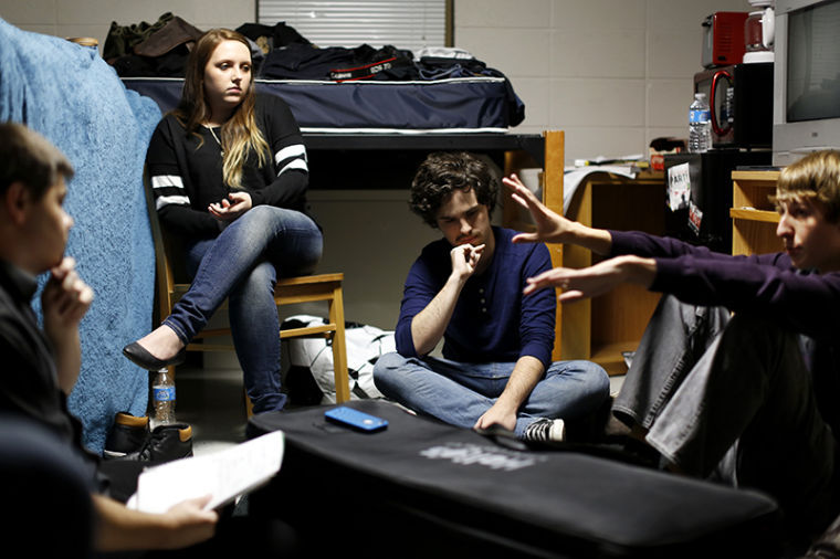 Cincinnati freshman Adam Winkler(right) shares a plot idea with his Film challenge team in a dorm room in Poland Hall. Winkler is the cinematographer for the team as part of the 49 Hour Film Challenge. Teams had 49 Hours to write, shoot, and edit a film together using the provided genre, dialogue line, locations, and prop. The competition started Friday November 1 and was due completed at 7 p.m. Sunday November 3, 2013. 