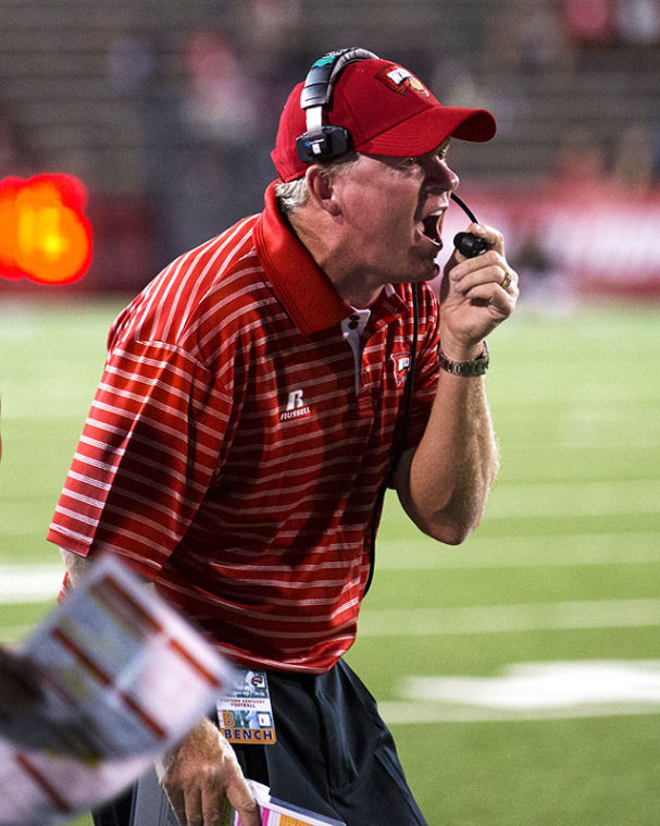 Head coach Bobby Petrino yells after the Jaguars score a touchdown during the second half of WKU’s game against Southern Alabama Sept. 14, 2013 at Ladd - Pebbles Stadium in Mobile Ala.