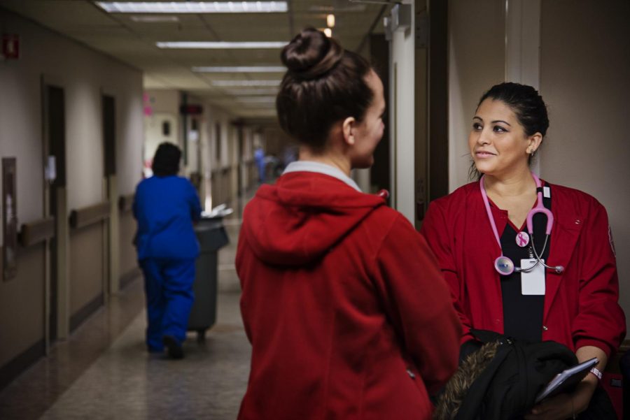 Bowling Green nursing student Barbara Morrow, 32, right, waits to begin her clinicals for the day on Tuesday, Feb. 18 at the Medical Center in Bowling Green. 