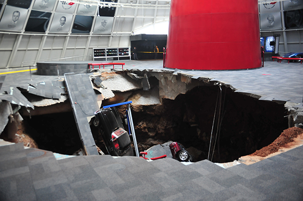 A sinkhole with an estimated size of 40 feet across and 25-30 feet deep appeared in the Skydome at the National Corvette Museum early this morning. No one was in the museum at the time. Photo provided by the National Corvette Museum.