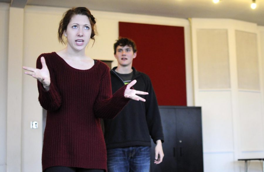 Jasper, Ind., freshman Shalyn Grow and New Albany, Ind., freshman Ethan Corder rehearse on Monday for the play, God, written by Woody Allen. The play, which is directed by Andrew Mertz, will premiere on Monday, March 31. (Josh Newell/HERALD)
