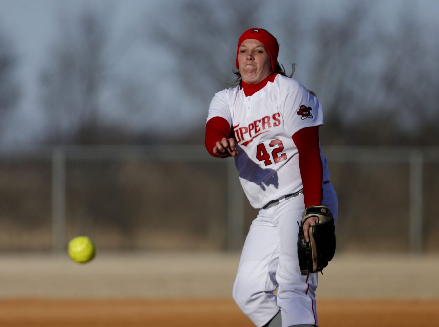 Senior pitcher Emily Rousseau (42) pitches the ball during the 1st inning at the womens softball game against the University of Northern Iowa on Friday, February 28 at Buchanon Park in Bowling Green, Ky. The tops lost 3-6. (Kreable Young/HERALD)