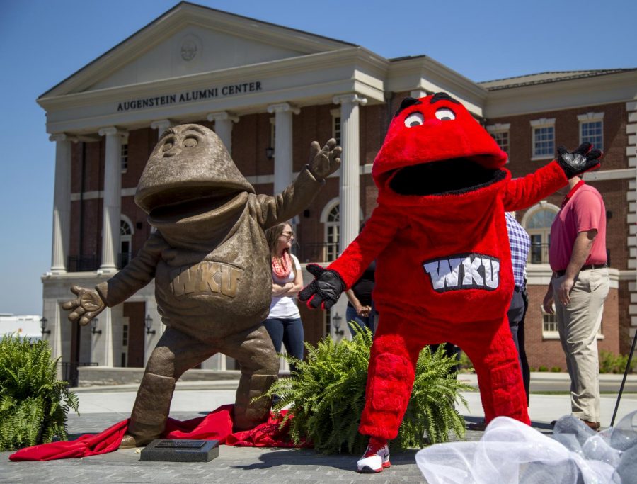 Big Red poses during the unveiling of the new Big Red statue outside of the Augenstein Alumni Center on Saturday. (Mike Clark/HERALD)