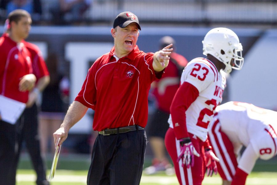 Head coach Jeff Brohm reacts during the Red and White Spring Game Saturday, April 19, 2014, at Houchens Industries - L.T. Smith Stadium in Bowling Green, Ky. (Mike Clark/HERALD)