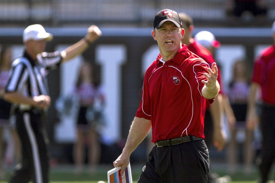 Head Coach Jeff Brohm during the Red and White Spring Game on April 19 at Smith Stadium. (Mike Clark/HERALD)