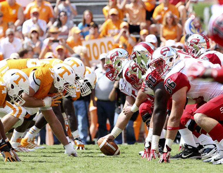 Senior+center+Sean+Conway+%2865%29+prepares+to+snap+the+ball+during+WKUs+52-20+loss+to+Tennessee+on+Sept.+7.