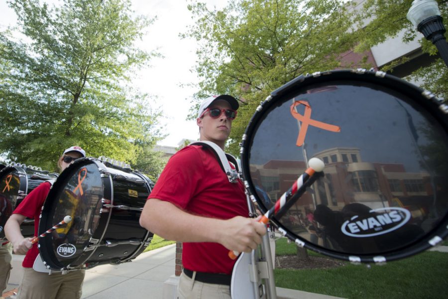 Sophomore Sam Kirby of Union performs outside of the Downing Student Union before Fridays game. Nick Wagner/HERALD