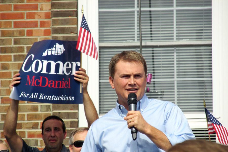 Kentucky Commissioner of Agriculture James Comer (R) announces his candidacy for state governor in Tompkinsville on Tuesday, Sept. 9. Stephanie Jessie/HERALD