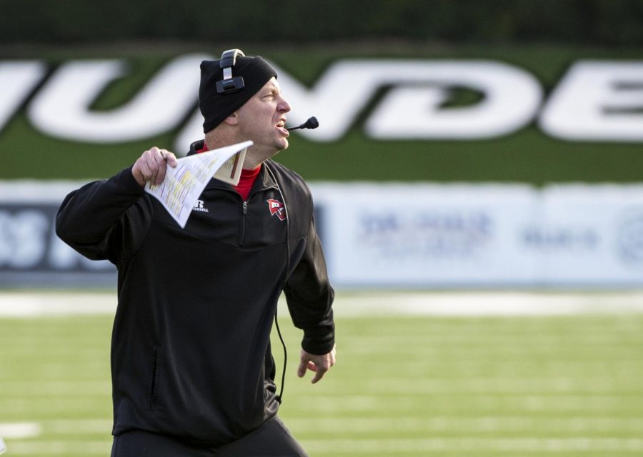 Hilltoppers head coach Jeff Brohm argues a call during Fridays game in Huntington, West Virginia. Nick Wagner/HERALD