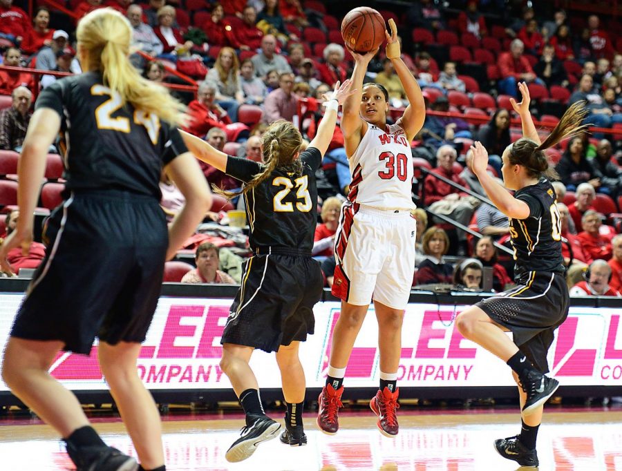 WKUs Chastity Gooch (30) releases a three-point attempt during Saturdays game against Southern Miss at Diddle Arena in Bowling Green. The Hilltoppers ultimately fell to Southern Miss, 63-61. Photo by Nick Wagner/ WKU HERALD