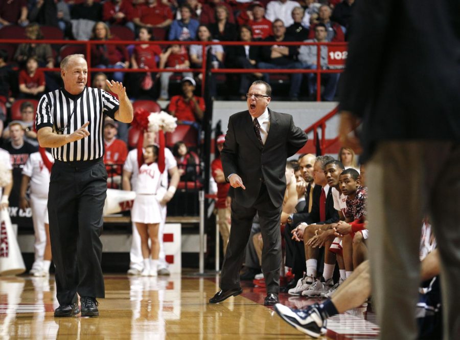 WKU mens head basketball coach Ray Harper draws a technical foul against Conference USA opponent Rice Feb. 7, 2015 at E.A. Diddle Arena. The Hilltoppers would go on to lose to the Owls 72-68 in only their third home loss of the season. (Luke Franke/Herald)