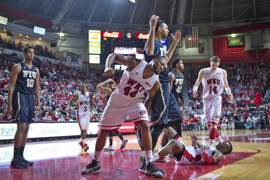 Senior forward, George Fant (44), drives his fist downward while reacting to missing a chance at tipping the ball for two-points during the game against Florida International University at E.A. Diddle Arena, Saturday, February 28, 2015. Jeff Brown/HERALD