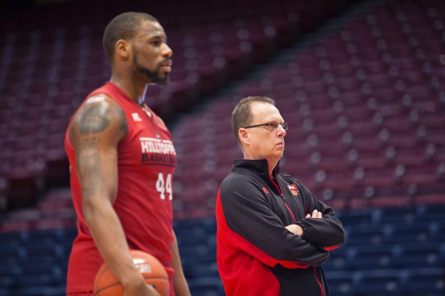 Western Kentucky University mens basketball head coach, Ray Harper and senior forward George Fant, prepare for the first round Conference USA tournament matchup against Marshall University at Legacy Arena in Birmingham, Alabama, Tuesday, March 10, 2015. Luke Franke/HERALD