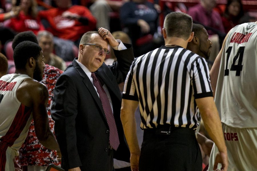 Head coach Ray Harper scratches his head at the offical during WKUs 63-64 loss against Belmont Saturday, Nov. 22, 2014, at E.A. Diddle Arena in Bowling Green, Ky. Mike Clark/HERALD