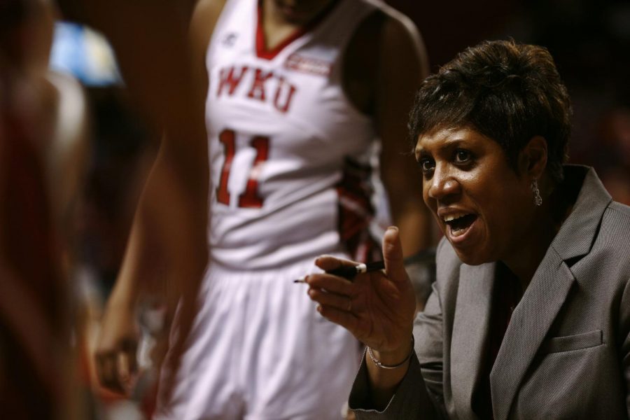 WKU+head+coach+Michelle+Clark-Heard+fires+up+the+team+during+a+timeout+in+the+second+half+of+the+teams+in-conference+matchup+against+MTSU.+WKU+would+go+on+to+defeat+conference+rival+MTSU+in+a+game+that+went+down+to+the+final+buzzer+by+a+score+of+63-60.+Placing+them+at+the+top+of+the+current+Conference+USA+standings.+%28Luke+Franke%2FHerald%29