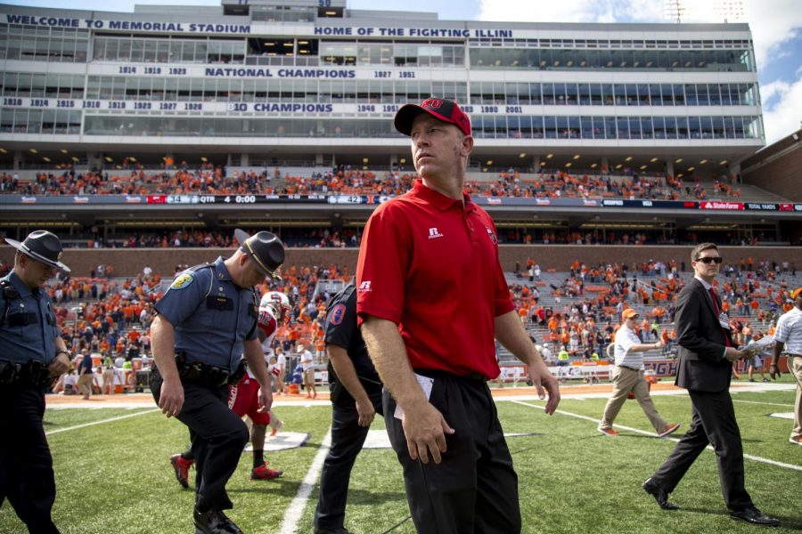 Head coach Jeff Brohm after WKUs 34-42 loss against the University of Illinois Saturday, Sept. 6, 2014, at Memorial Stadium in Champaign, Ill. Mike Clark/HERALD