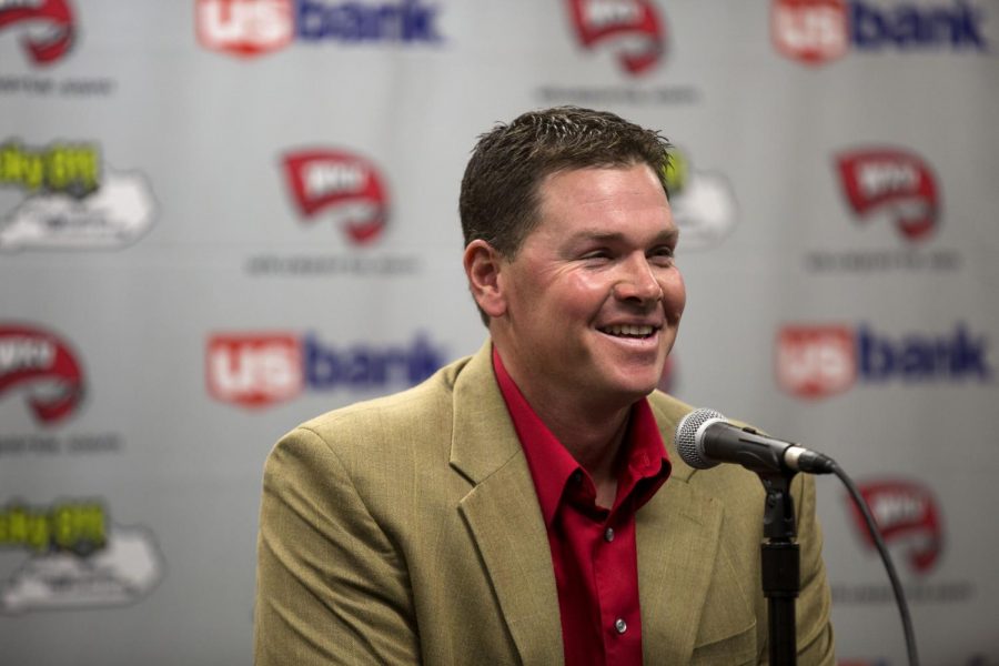 Baseball Head Coach, Matt Myers speaks about the upcoming season to reporters during the Baseball Media Day, Tuesday, Feb. 10, at Diddle Arena. The Toppers ranked 9th in the preseason Conference USA coaches poll, but Myers said he wont let the low ranking phase him. Mike Clark/ HERALD