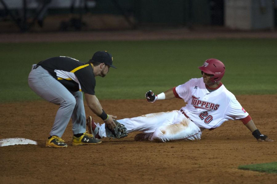 WKUs Anderson Miller is tagged out on a steal attempt by Southern Miss Breck Kline during the game Friday, April 10, 2015, at Nick Denes Field in Bowling Green, Ky. Nick Wagner/HERALD