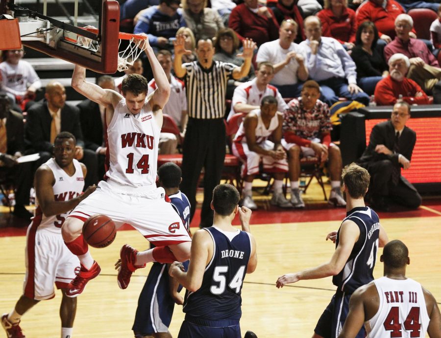 WKU sophomore forward Ben Lawson slams the ball home against Conference USA opponent Rice Feb. 7, 2015 at E.A. Diddle Arena. The Hilltoppers would go on to lose to the Owls 72-68 in only their third home loss of the season. (Luke Franke/Herald)