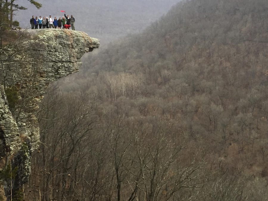 A group of WKUs Outdoor Recreation Adventure Center (ORAC) participants pose for a photo during a trip to the top of the Ozark Mountains in Arkansas last spring. Photo provided by Maggie Shelton