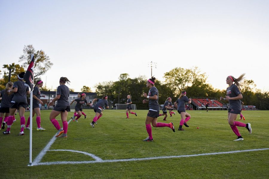 The Lady Toppers warm up before a 1-0 victory over conference rivals Florida International University on Friday at the WKU Soccer Complex. Western Kentucky won with a goal in sudden death overtime from Andrea Larsen (4), bringing their conference record to 3-2-2.