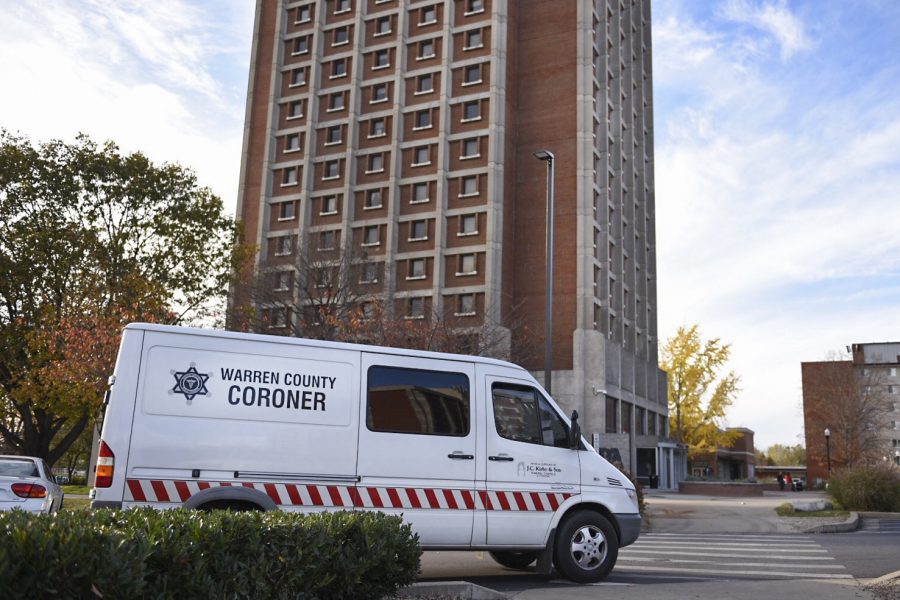 A Warren County coroner truck sits outside of Pearce Ford Tower, Sunday, Nov. 15. Nick Wagner/HERALD 